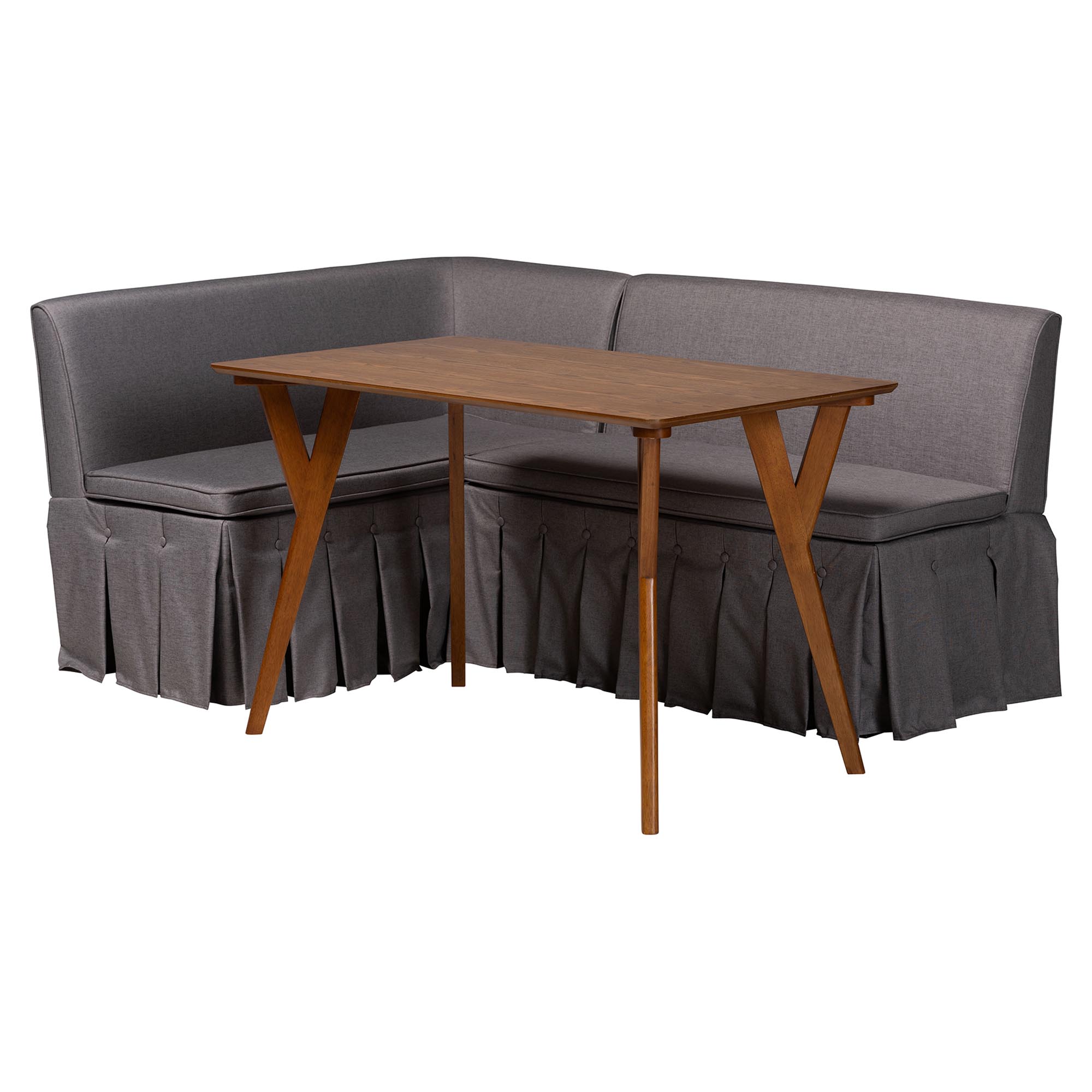 Baxton Studio Reginald 3-Piece Fabric Upholstered Dining Nook Set - Corner Kitchen Dining Banquette Set with Skirted Base, L-Shaped Seating for Small Spaces, Grey